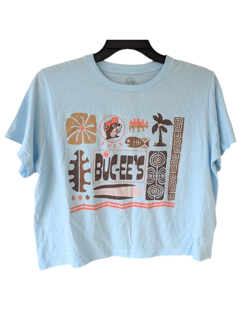 Buc-ees Womens XL Crop Top T-Shirt Light Blue Surf Tropical Graphic 23.5x20.5